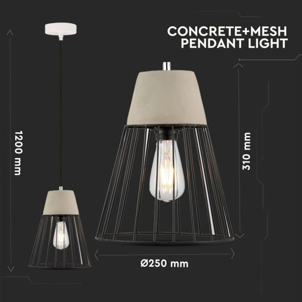 Hanglamp Soren - E27 - Beton & Zwart Mesh