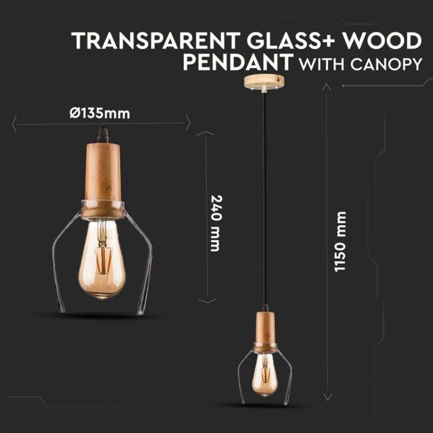Hanglamp Nola - E27 - Transparant Glas & Hout